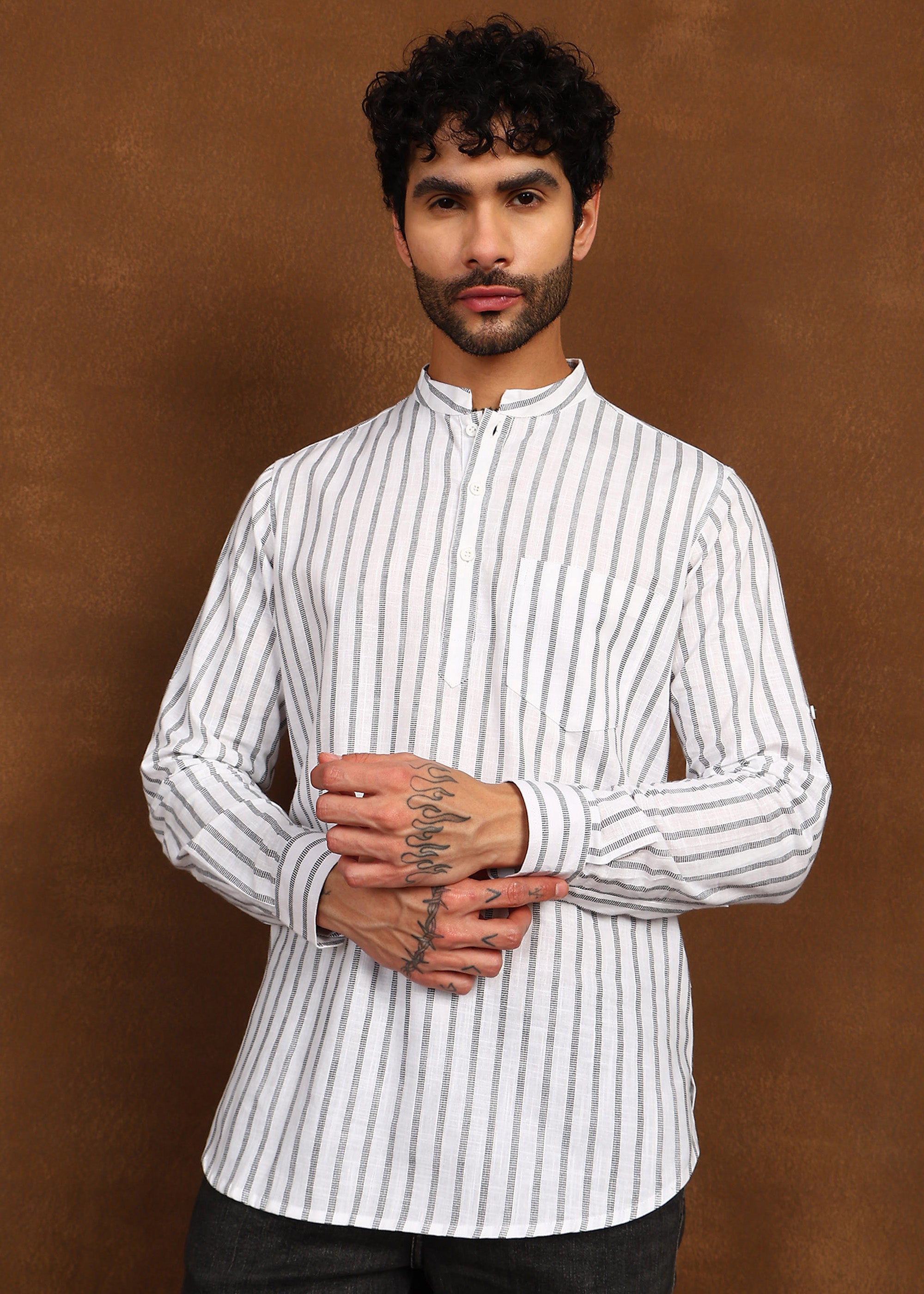Fabmade Driftline Stripe Linen Short Kurta
