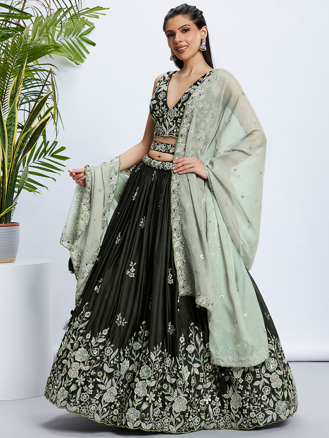 House of Panchhi Turquoise Blue Georgette Sequins And Thread Embroidery Lehenga Choli & Dupatta