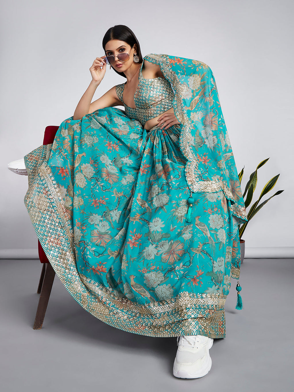 House of Panchhi Sea Green Colour Organza Floral Design Digital Print Lehenga Choli & Dupatta