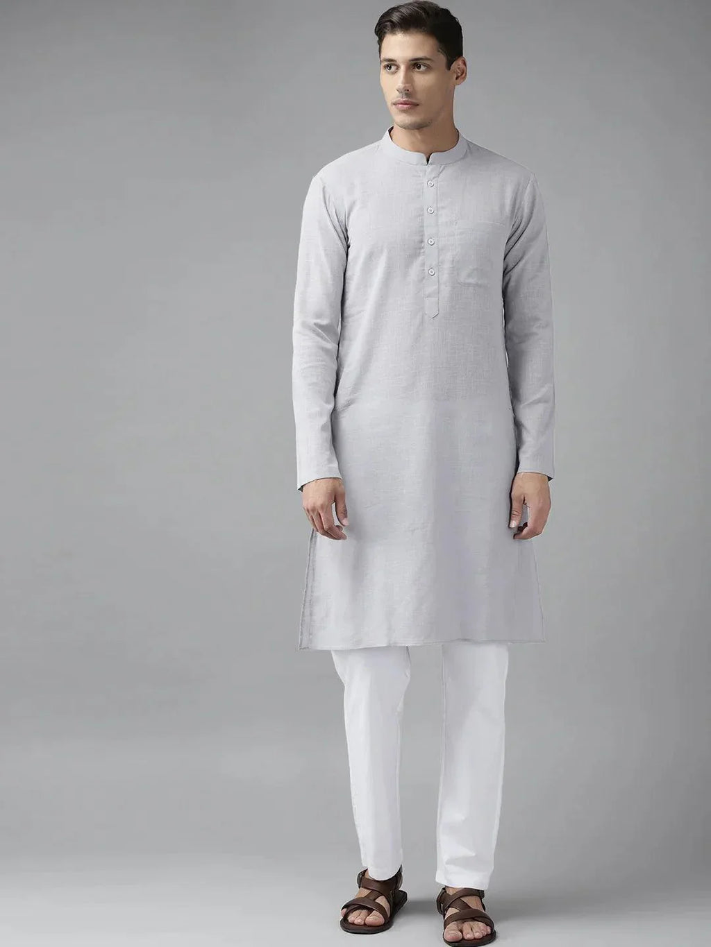 Fabmade Men Grey Cotton Linen Kurta