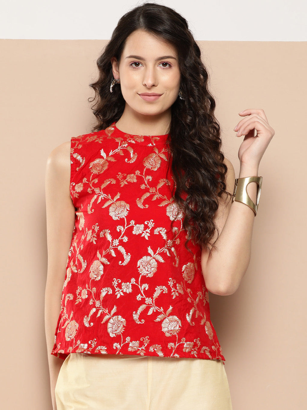 InWeave Women's Red Brocade Halter Top