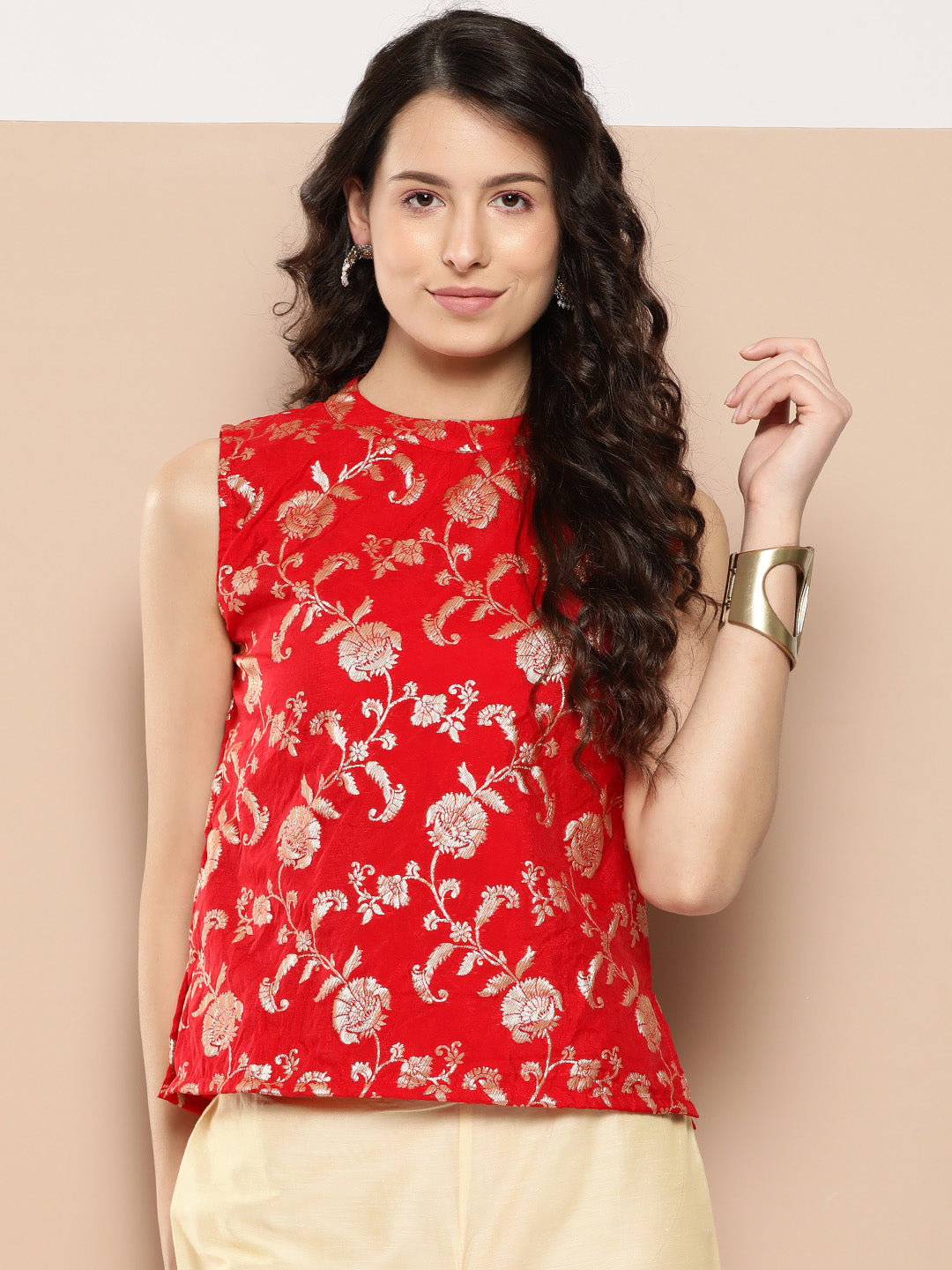 InWeave Women's Red Brocade Halter Top