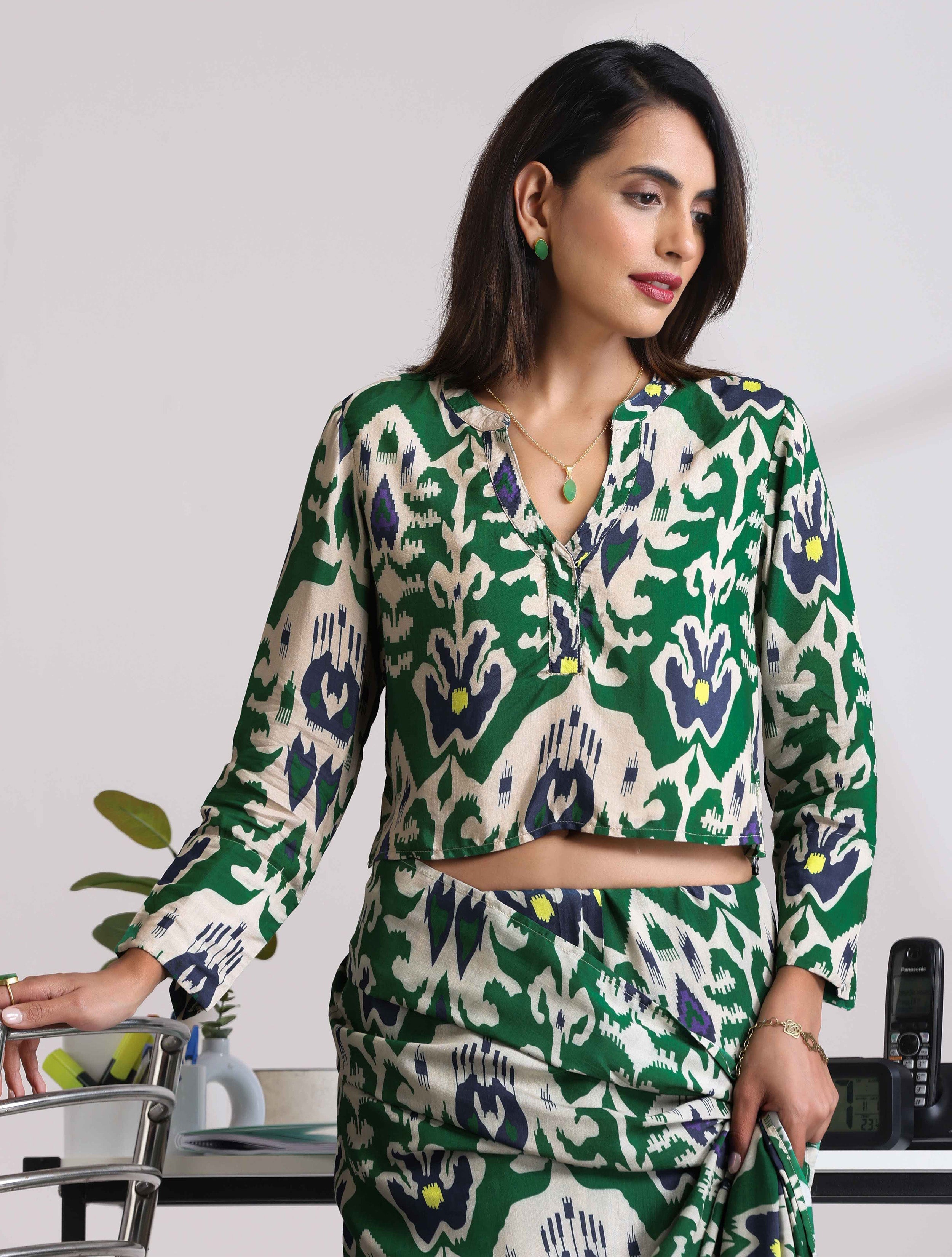 trueBrowns Green Muslin Ikat Shirt Blouse