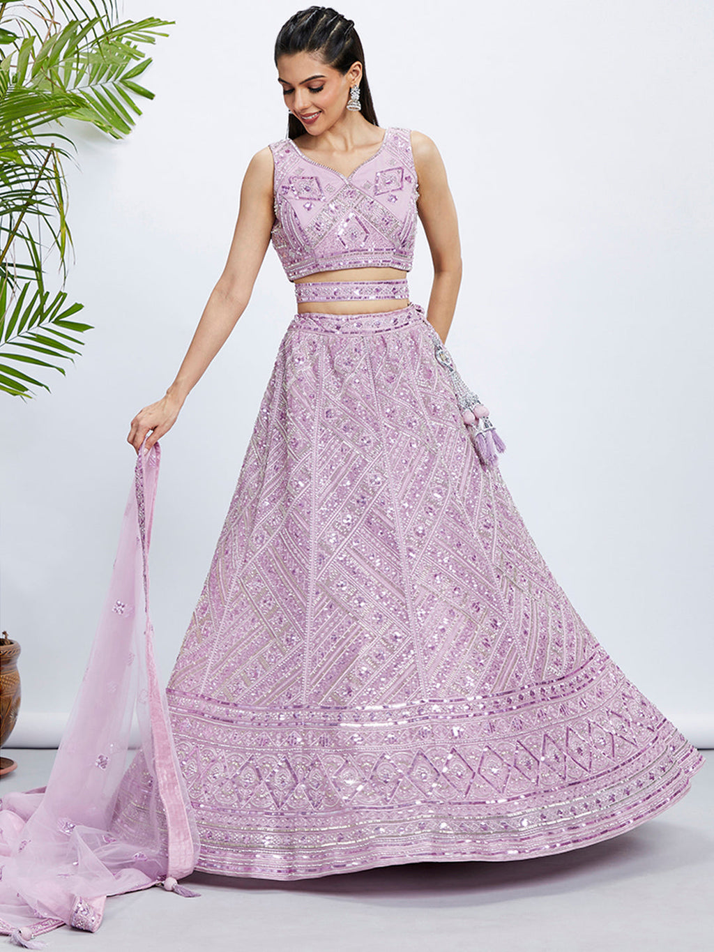 House of Panchhi Sea Green Georgette Sequins And Thread Embroidery Lehenga Choli & Dupatta