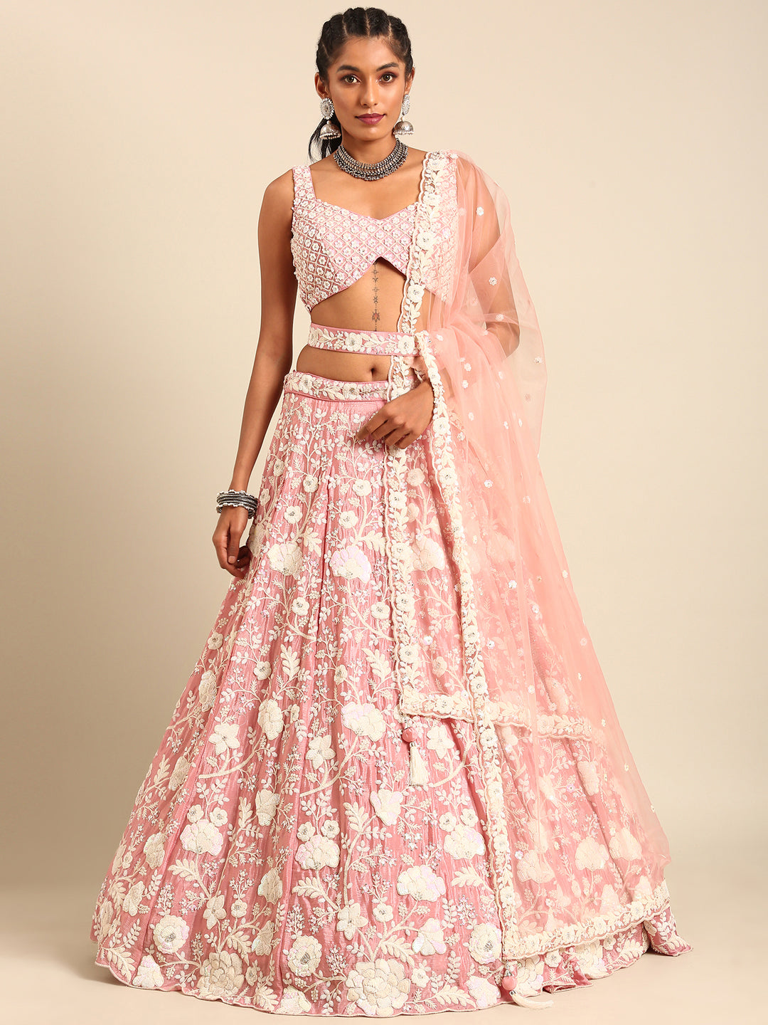 House of Panchhi Rose Gold Chinon Sequins And Zarkan Embroidery Lehenga Choli & Dupatta