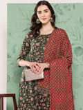 InWeave Women's Green Floral Motif Nyra Kurta Set With Dupatta