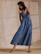 trueBrowns Indigo Dabu Floral Print Cotton Sleeveless Dress - Distacart