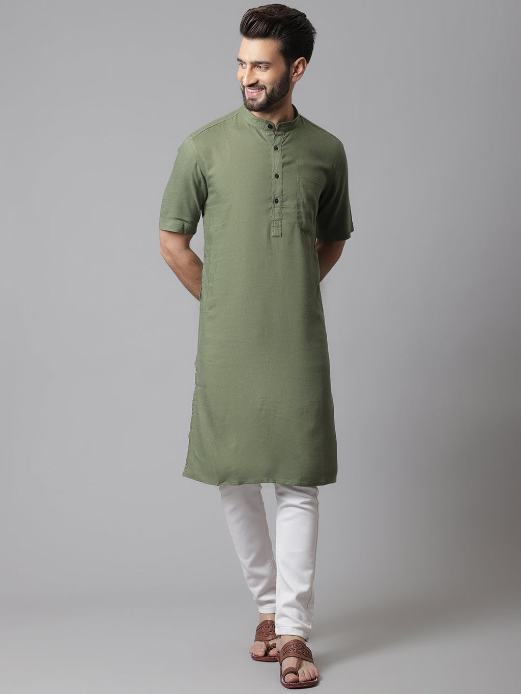 Even Apparels Green Pure Cotton Kurta With Band Collar - Distacart