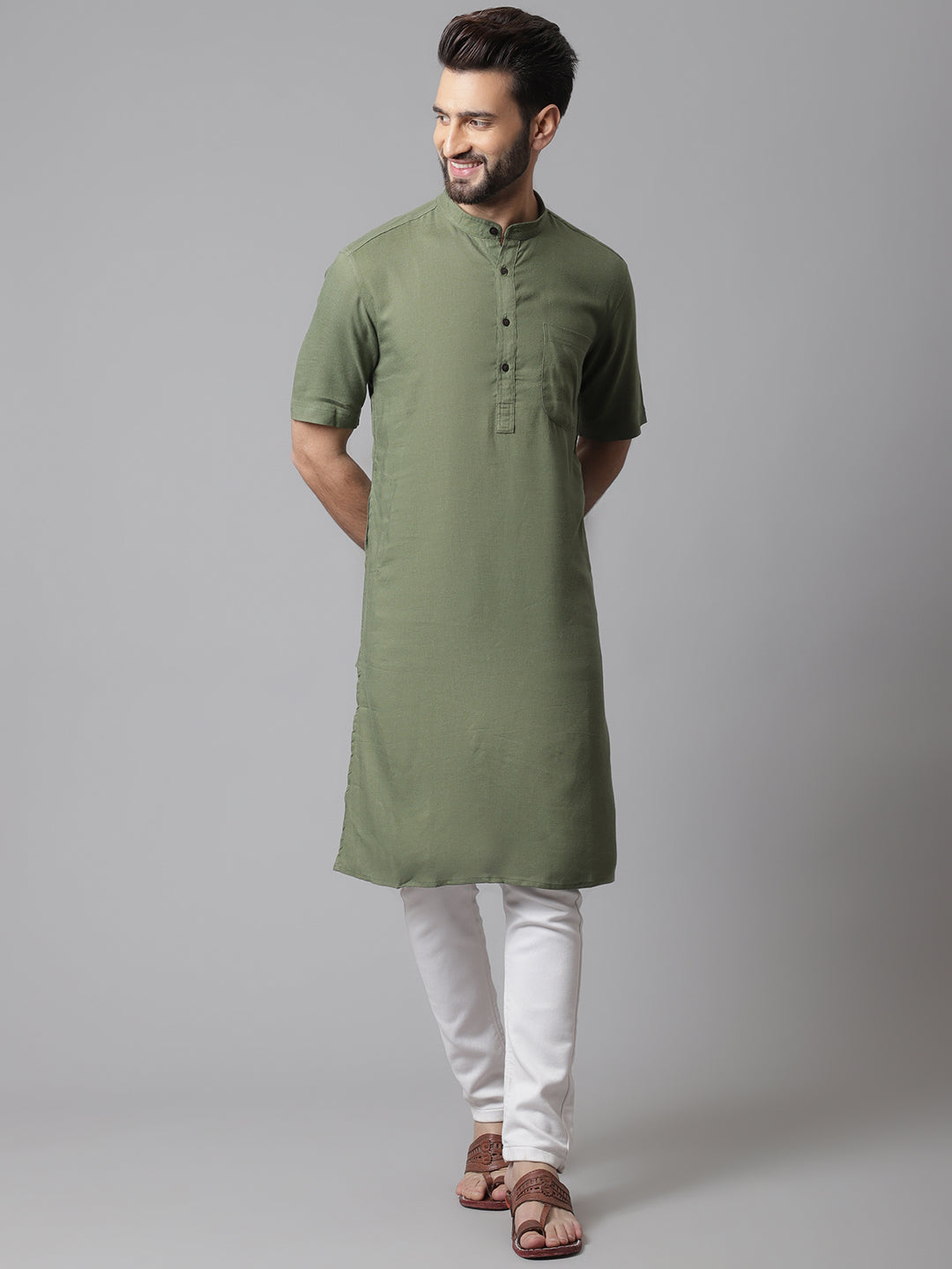 Even Apparels Green Pure Cotton Kurta With Band Collar - Distacart