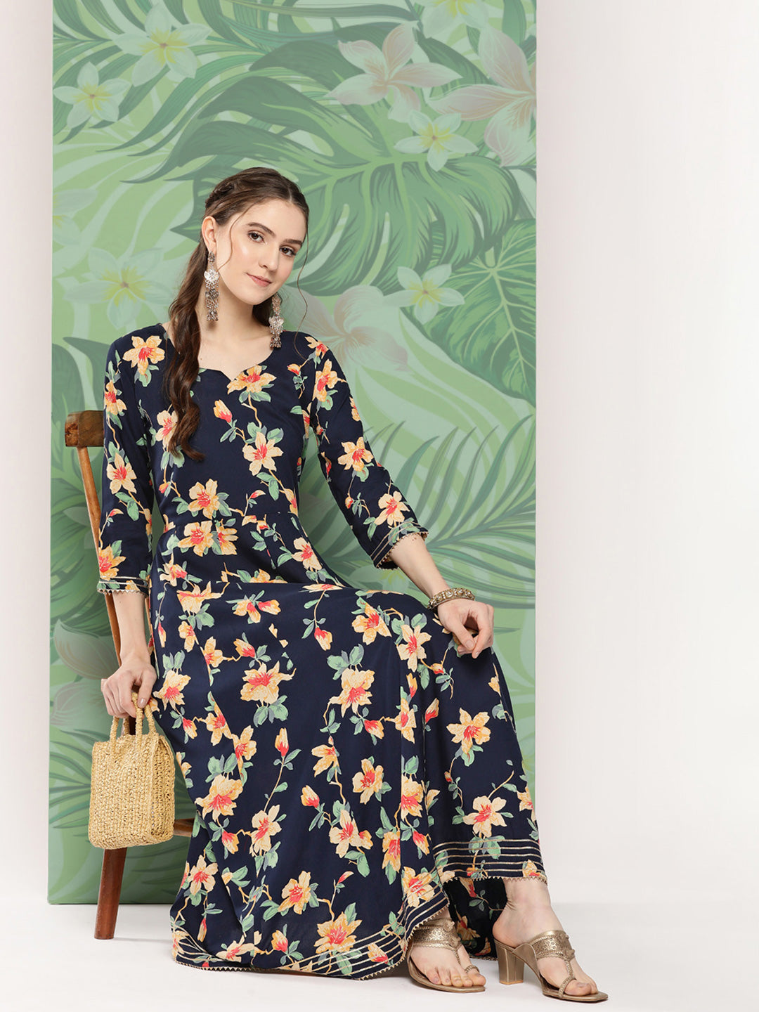 InWeave Women's Black Tropical Print Gota Long Dress - Distacart