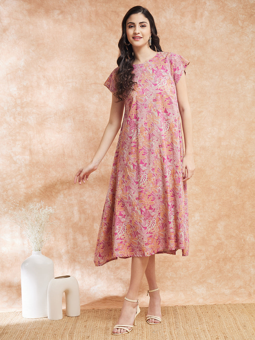 InWeave Women's Pink Coral Floral Print A Line Dress - Distacart