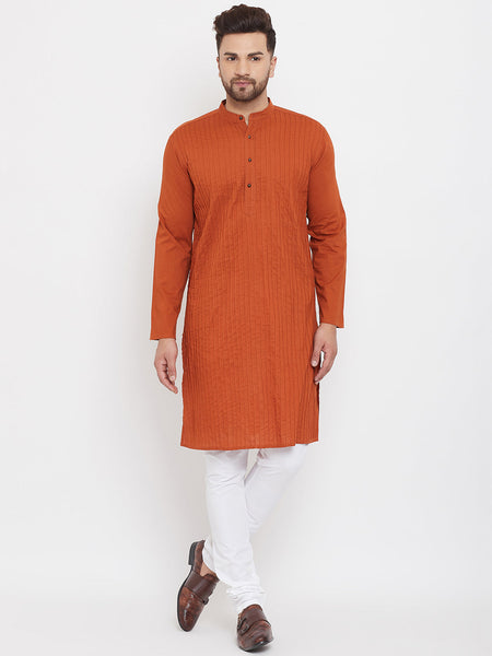 Even Apparels Rust Pure Cotton Kurta With Band Collar