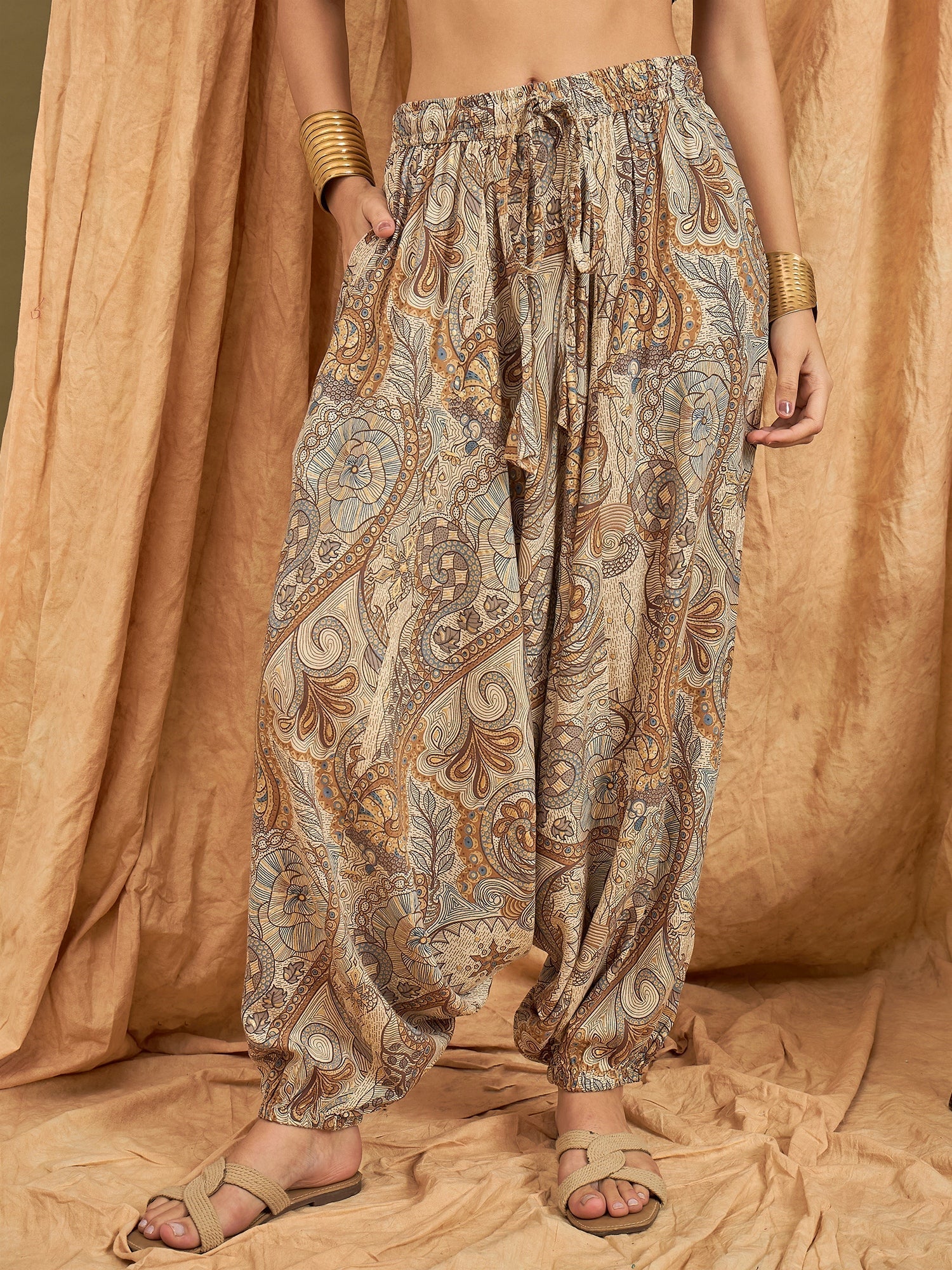 InWeave Beige Paisley Flower Harem Pant