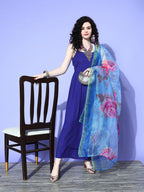 InWeave Women's Strappy Set In Ink Blue With Blue  Fuschia Floral Organza Dupatta