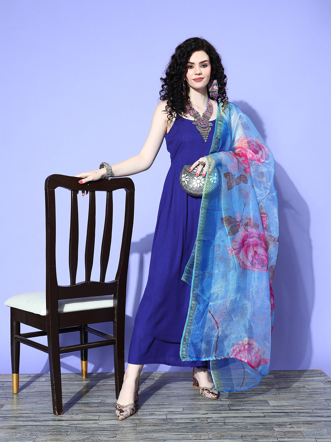 InWeave Women's Strappy Set In Ink Blue With Blue  Fuschia Floral Organza Dupatta