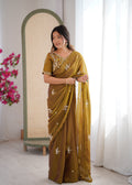 Evanik Mehendi Mos Silk With Handwork Butterfly Design Saree With Unstitched Blouse - Distacart