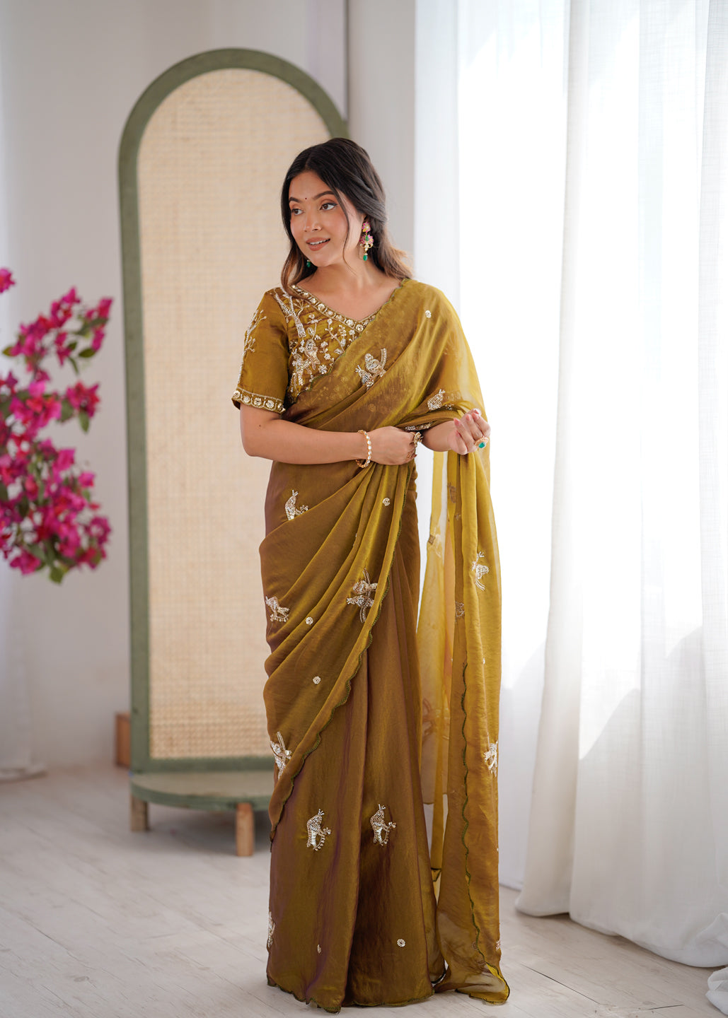 Evanik Mehendi Mos Silk With Handwork Butterfly Design Saree With Unstitched Blouse - Distacart