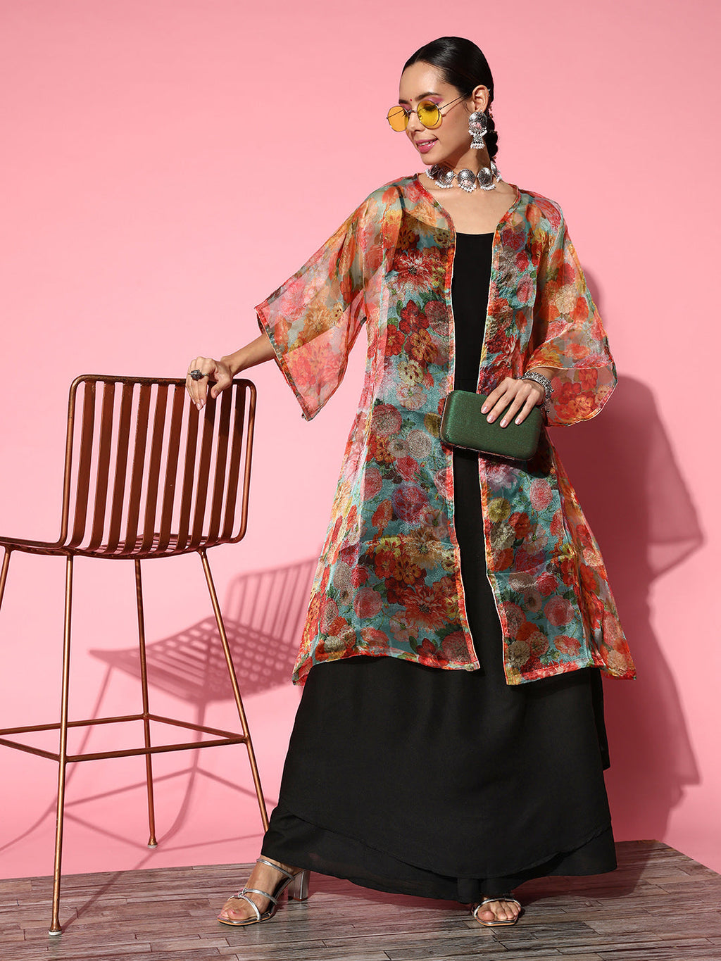 InWeave Black Strappy Set With Green Floral Organza Cape