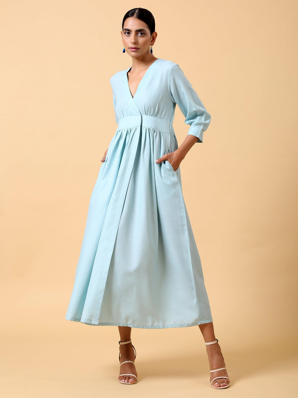 trueBrowns Cotton Linen Light Blue Wrap Dress - Distacart