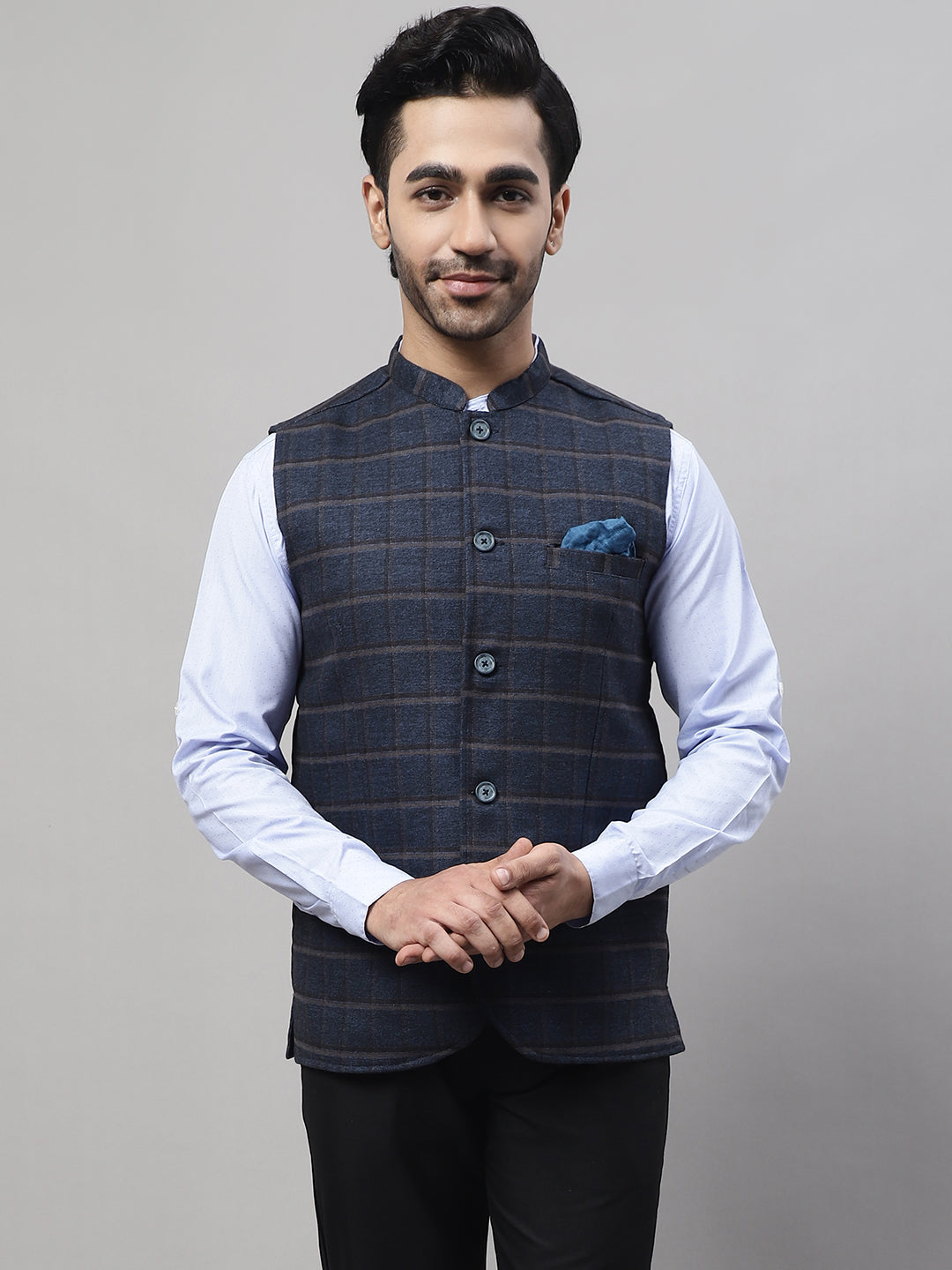 Even Apparels Men's Blue Nehru Jacket With Welt Pockets