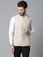 Even Apparels Men's Cream Nehru Jacket With Welt Pockets