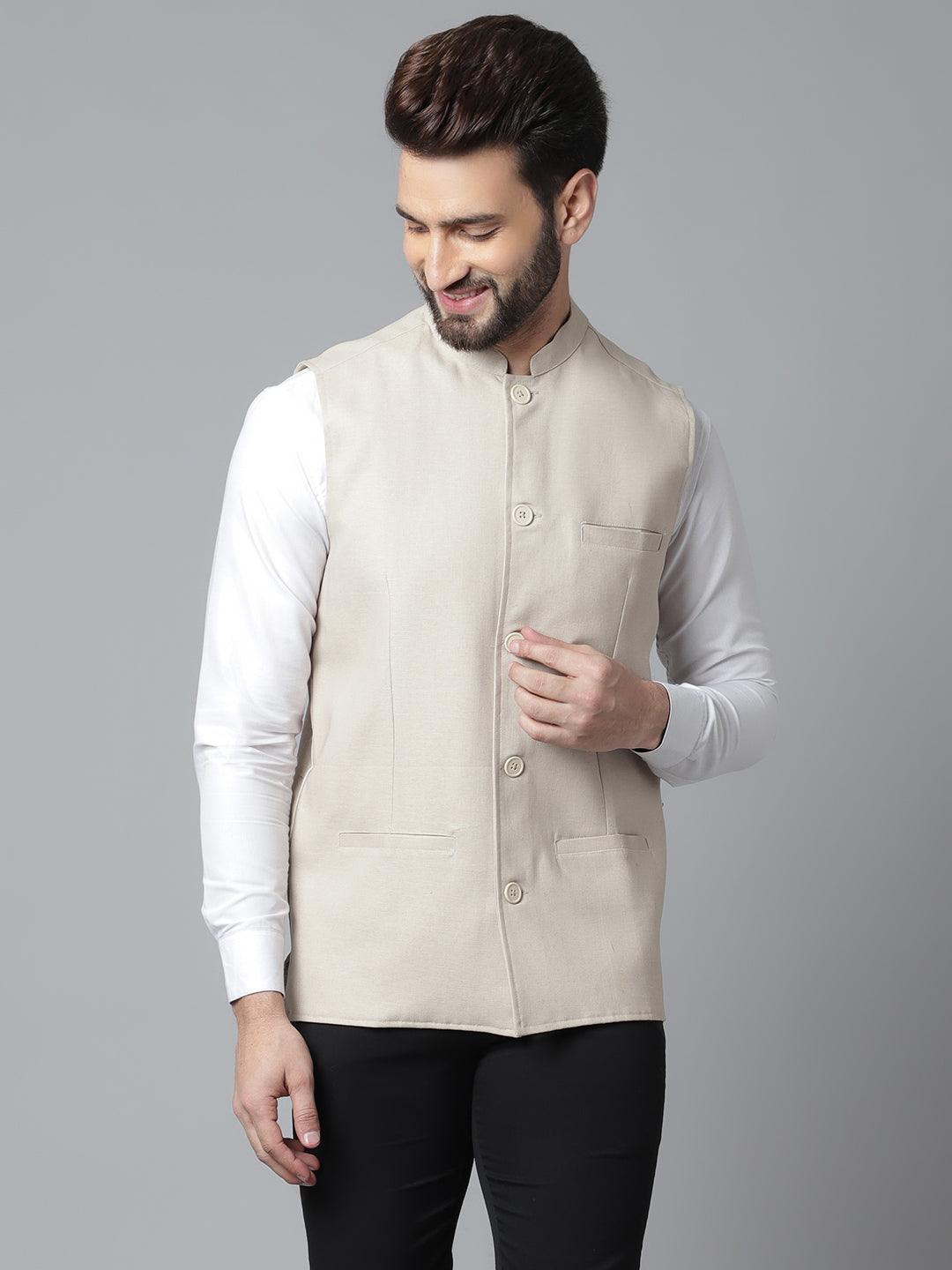 Even Apparels Men's Cream Nehru Jacket With Welt Pockets
