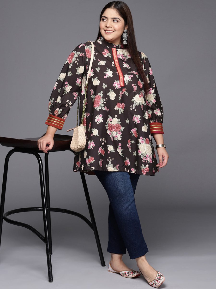 Ahalyaa Mandarin Collar Crepe Floral Printed Tunic