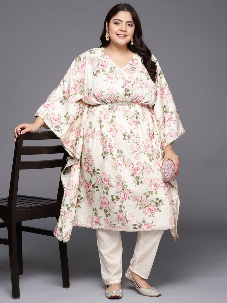 Ahalyaa Plus Size Floral Printed Flared Sleeves Kaftan Kurta