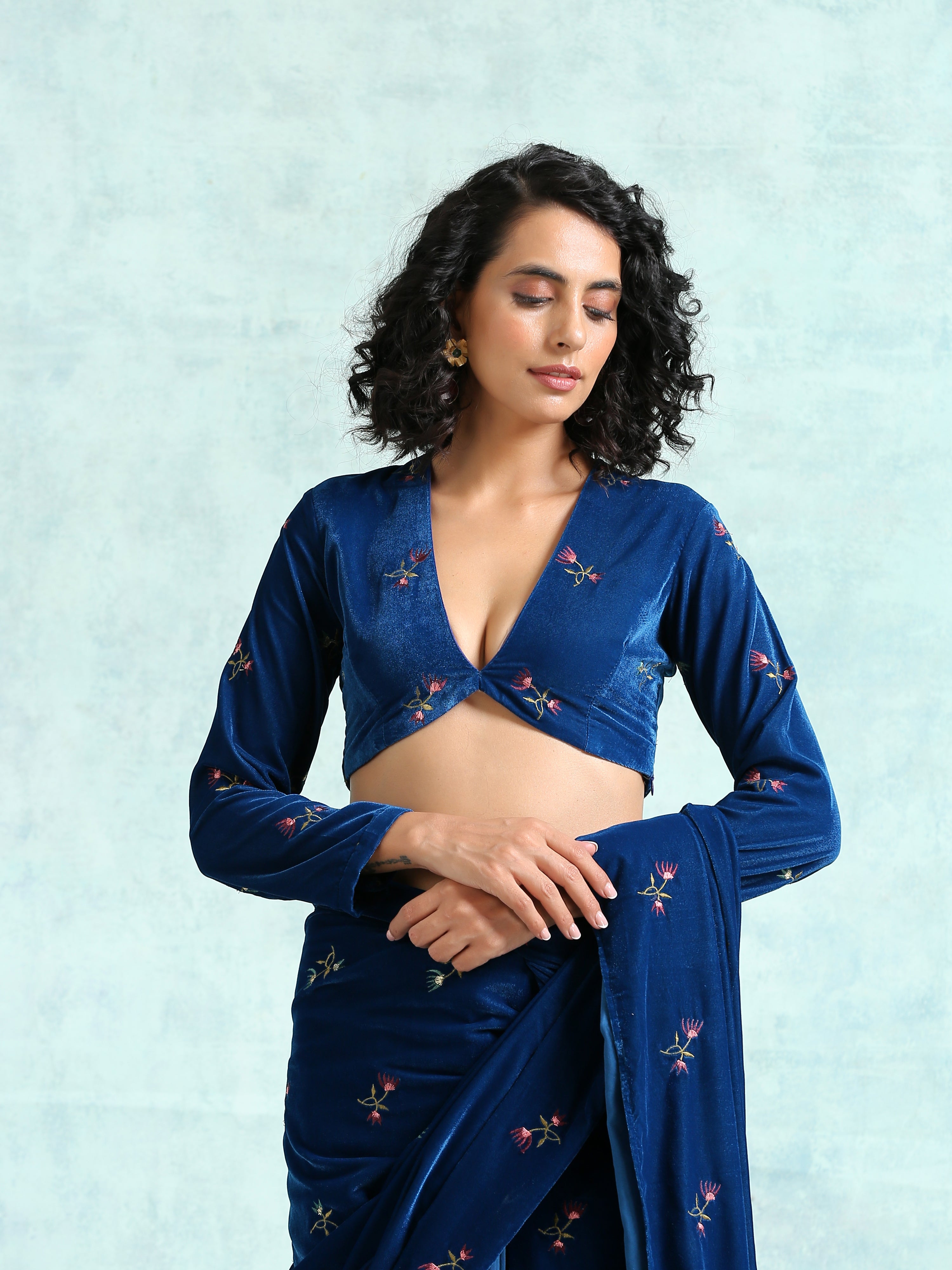 trueBrowns Blue Embroidered Velvet Blouse