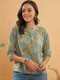 InWeave Women's Dull Green Leaf Floral Print Top
