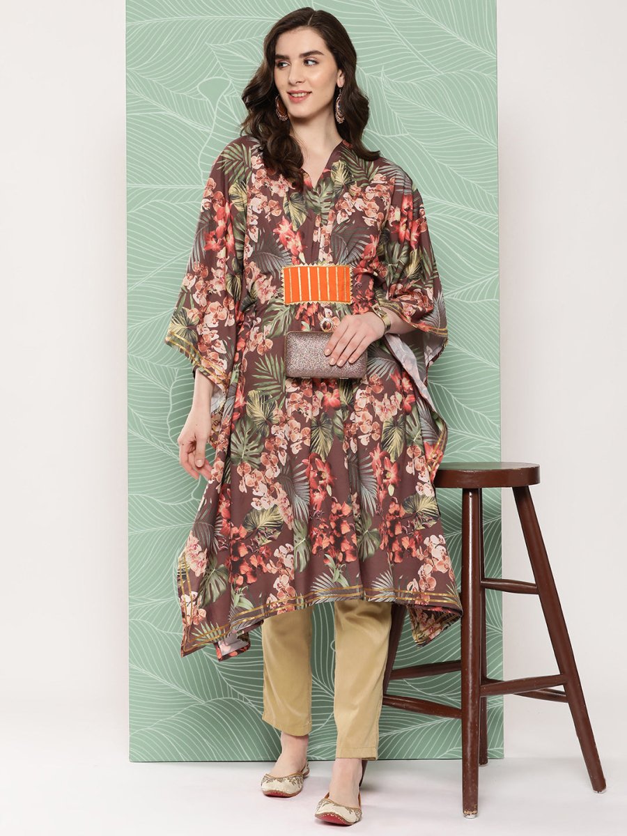 Ahalyaa Women Floral Printed Flared Sleeves Gotta Patti Crepe Kaftan Kurta - Distacart