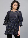 Ahalyaa Women Navy Blue & Golden Polka Dots Print Tiered Beautiful Tunic