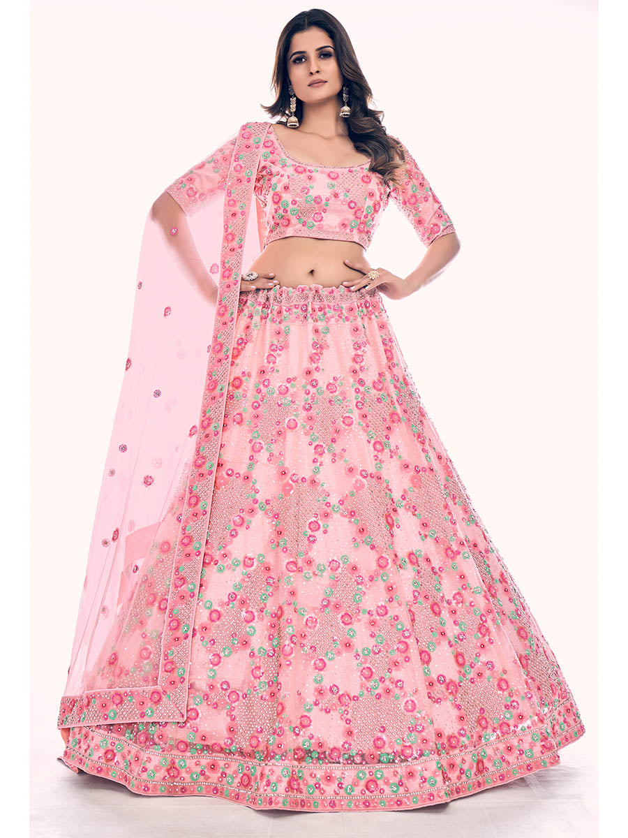 Myra Peach Soft Net Embroidered Designer Lehenga Choli
