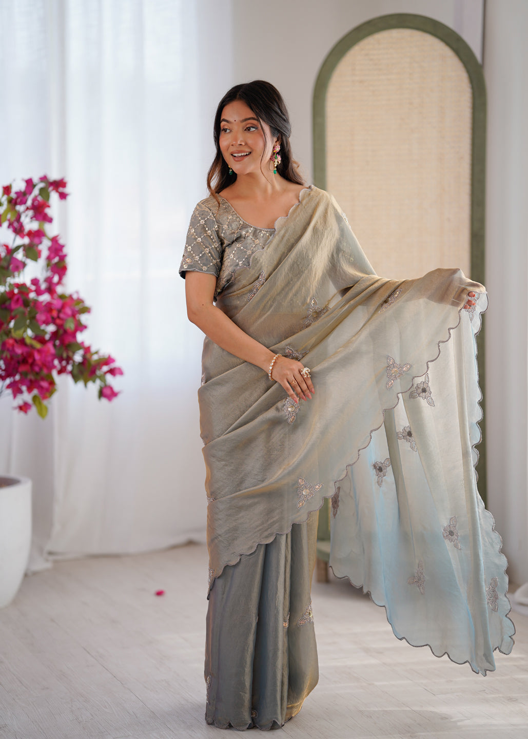 Evanik Designer Heavy Fendy Satin With Beads Embroidered Work Saree With Unstitched Blouse - Distacart