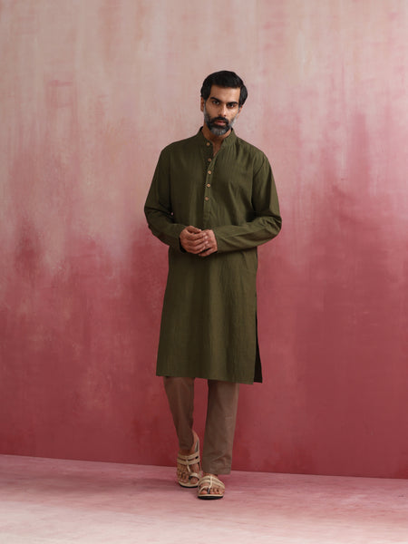 trueBrowns Men's Olive green Mandarin Collar Kurta