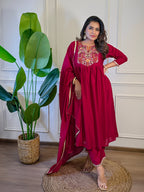 The52 Women's Gorgeous Vichitra Silk Embroidery Flared Kurta with Palazzo And Dupatta Set - Distacart