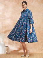 InWeave Women's Blue Pink Kalamkari Flared Dress - Distacart