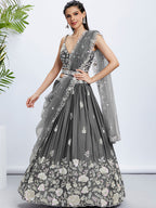 House of Panchhi Navy Blue Georgette Sequins, Mirror And Thread Embroidery Lehenga Choli & Dupatta