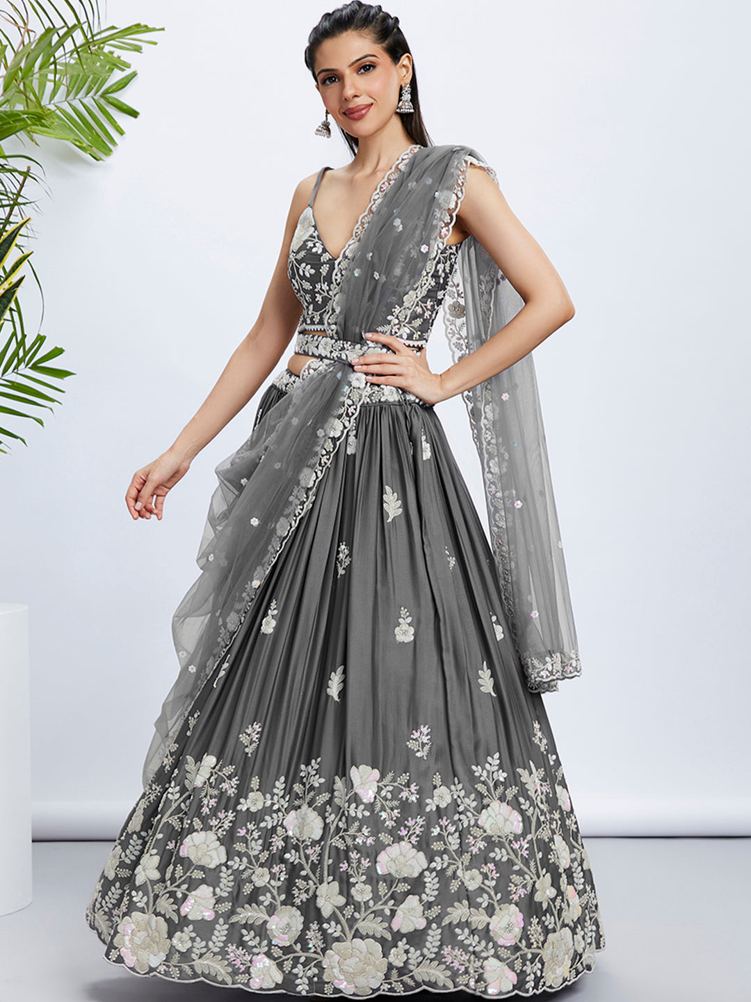 House of Panchhi Navy Blue Georgette Sequins, Mirror And Thread Embroidery Lehenga Choli & Dupatta