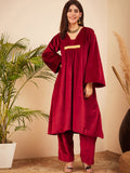 InWeave Women's Barn Red V Neck Asymmetrical Pleated Velvet Kurta Set