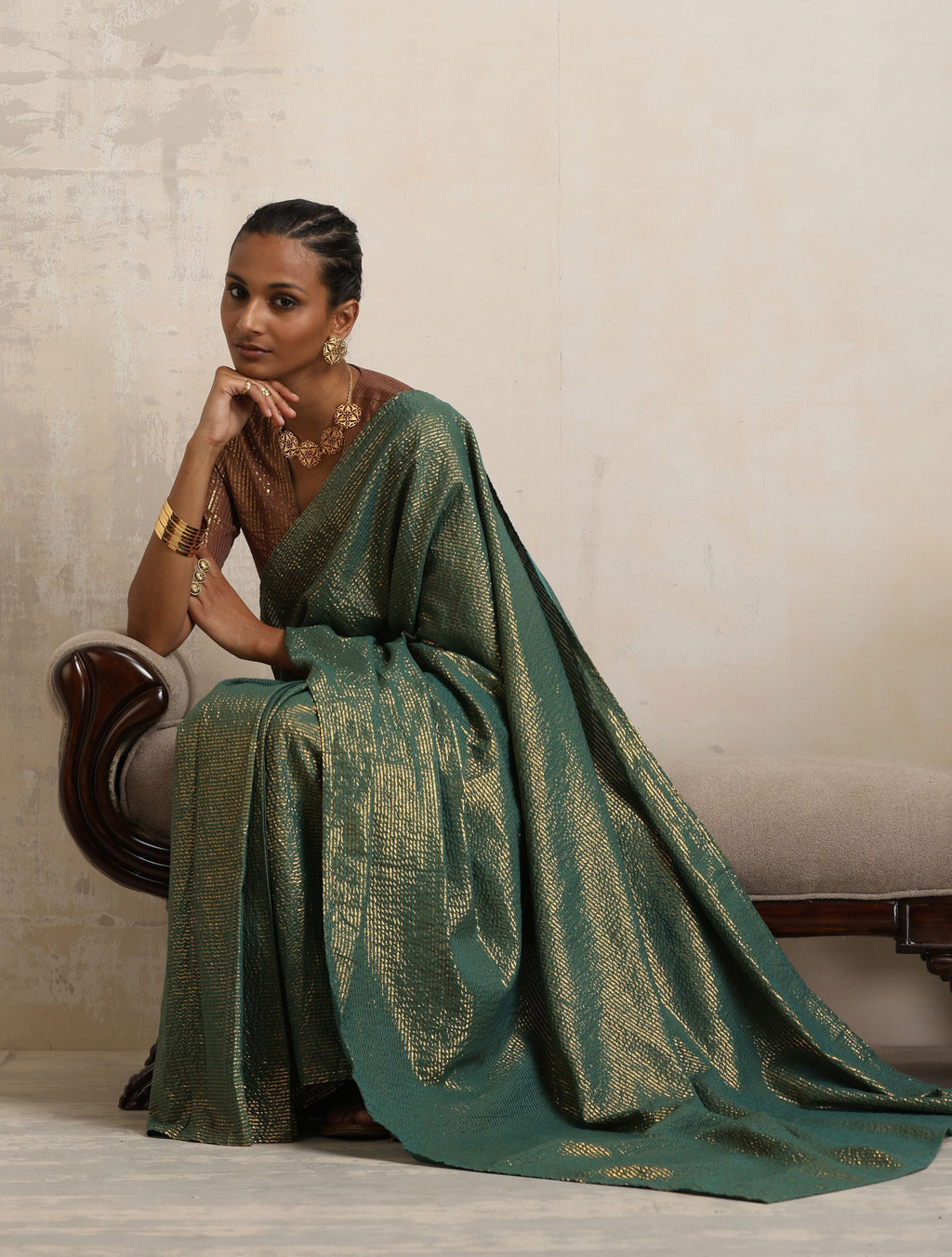 trueBrowns Dark Green Gold Lurex Ready To Wear Saree