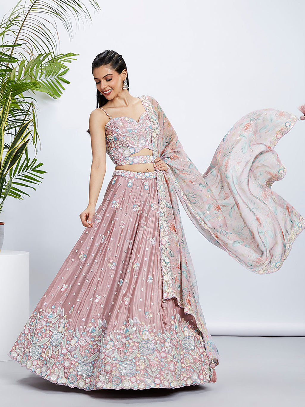 House of Panchhi Green Chiffon Position Print With Sequins Embroidery Lehenga Choli & Dupatta
