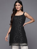 Ahalyaa Woman Silver Foil Printed Shoulder Straps Net Tunic