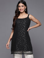 Ahalyaa Woman Silver Foil Printed Shoulder Straps Net Tunic