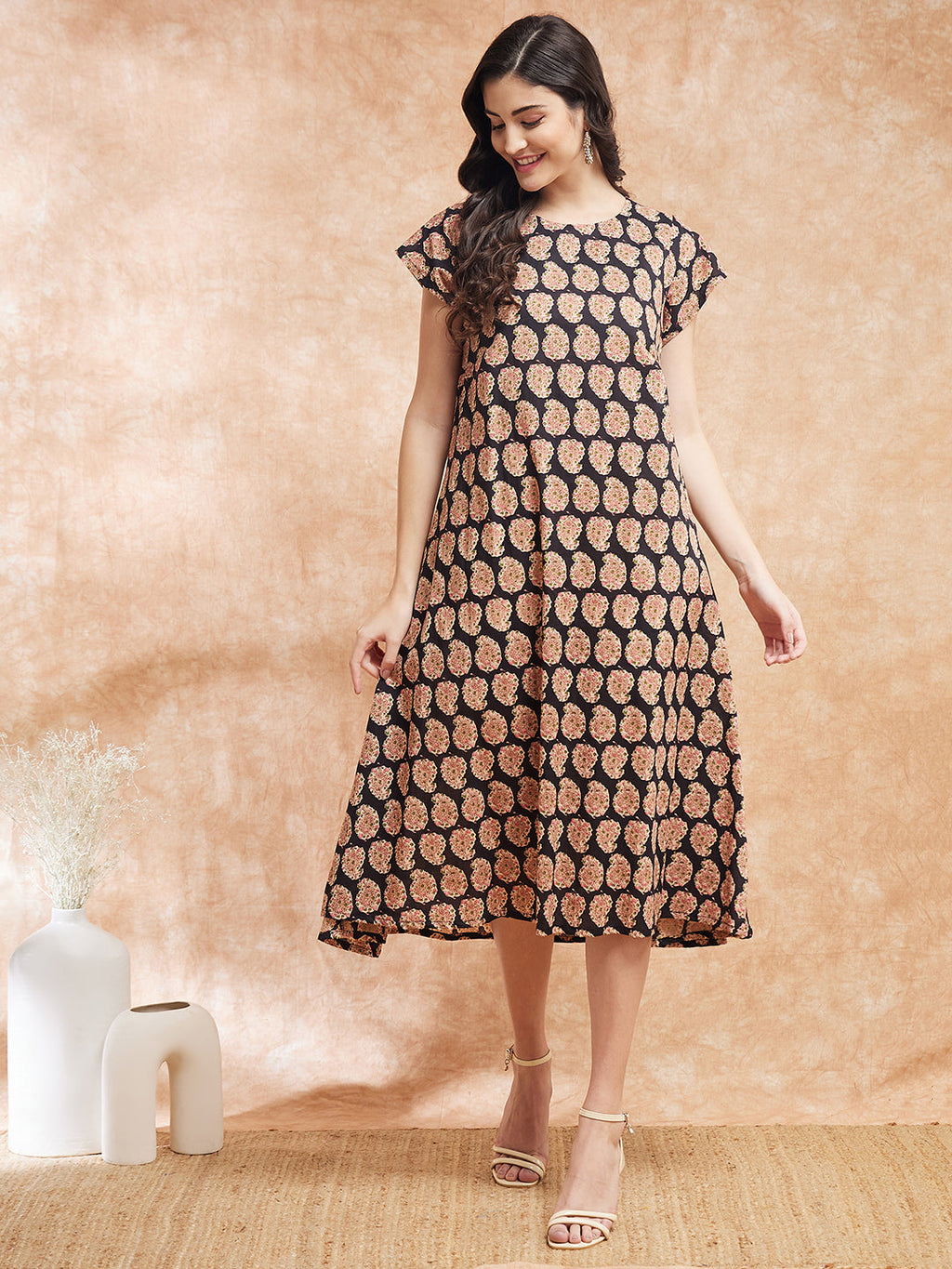 InWeave Women's Black Small Paisley Kalamkari A Line Dress - Distacart