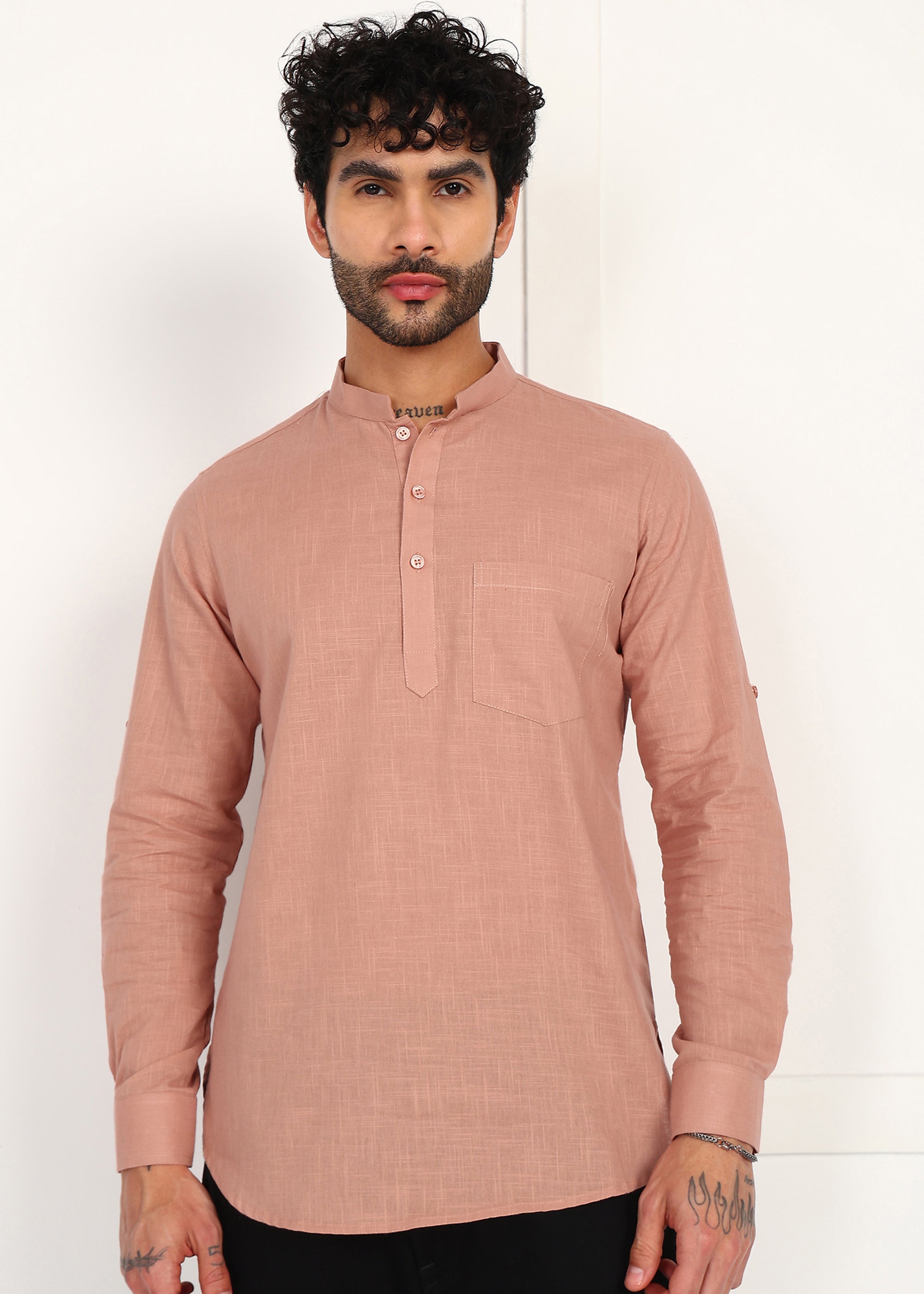 Fabmade Men’S Peach Linen Short Kurta