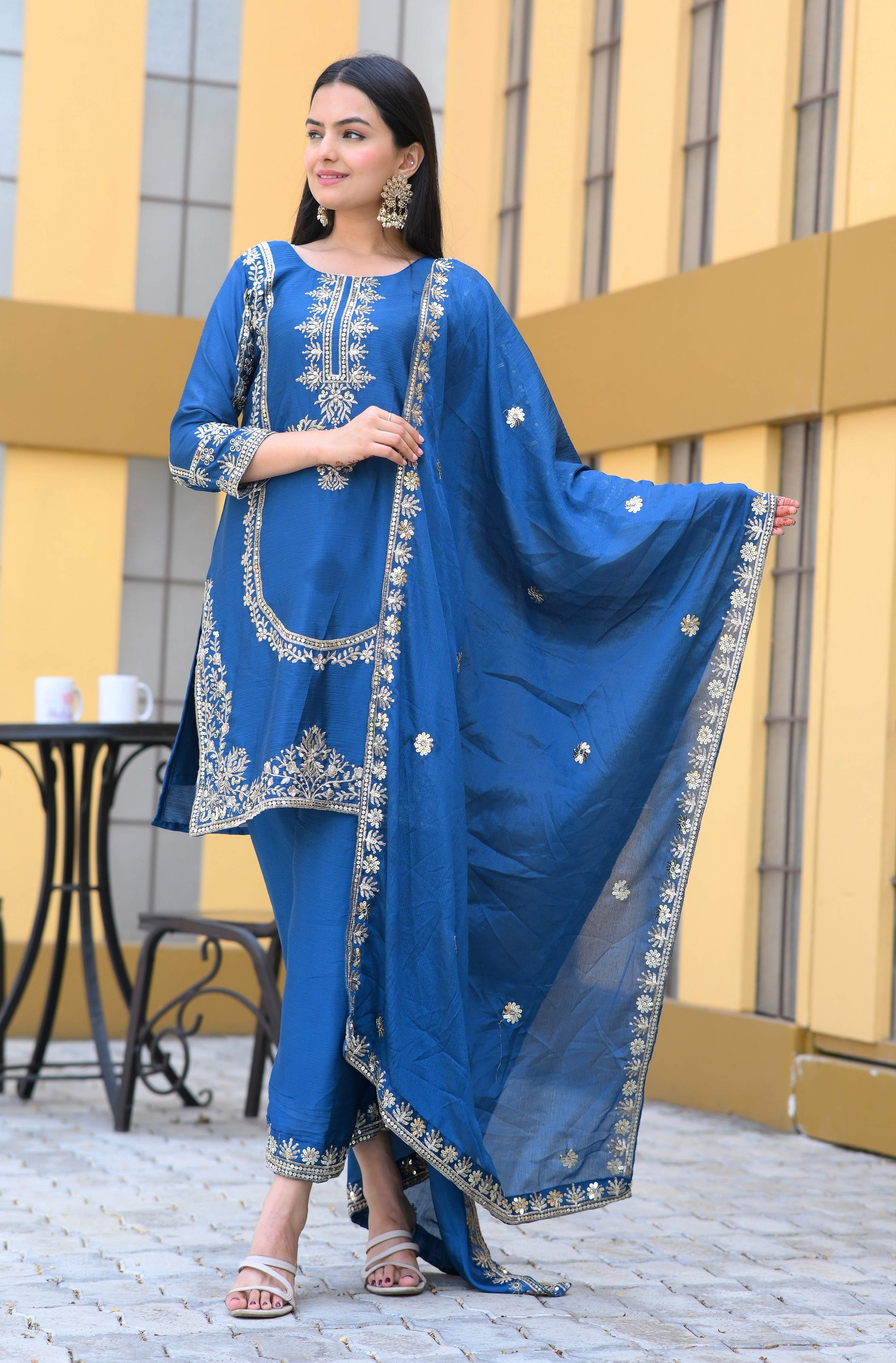 Teeya Creation Blue Color Chinon Silk Heavy Embroidery Work Fully Stitched Salwar Suit