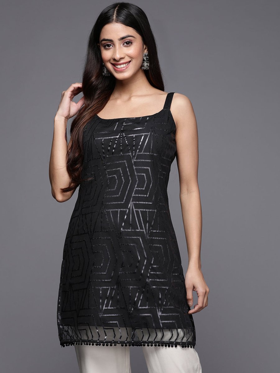 Ahalyaa Square Neck Printed Embellished Crepe Tunic