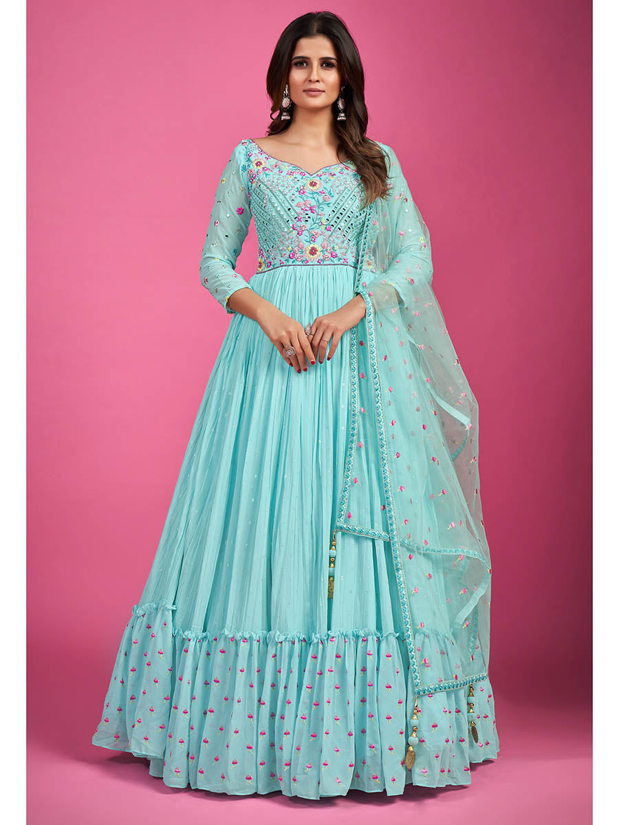 Myra Blue Chinon Silk Embroidered Gown - Distacart