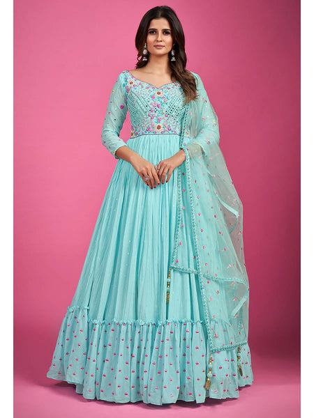 Myra Blue Chinon Silk Embroidered Gown